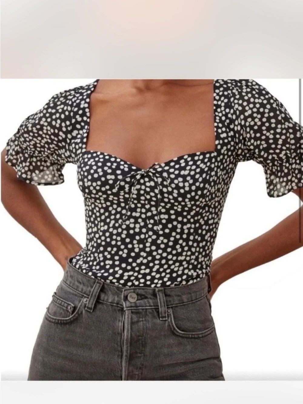 ReformationBlack and White Dot Sweetheart Neck Puff Sleeve Top